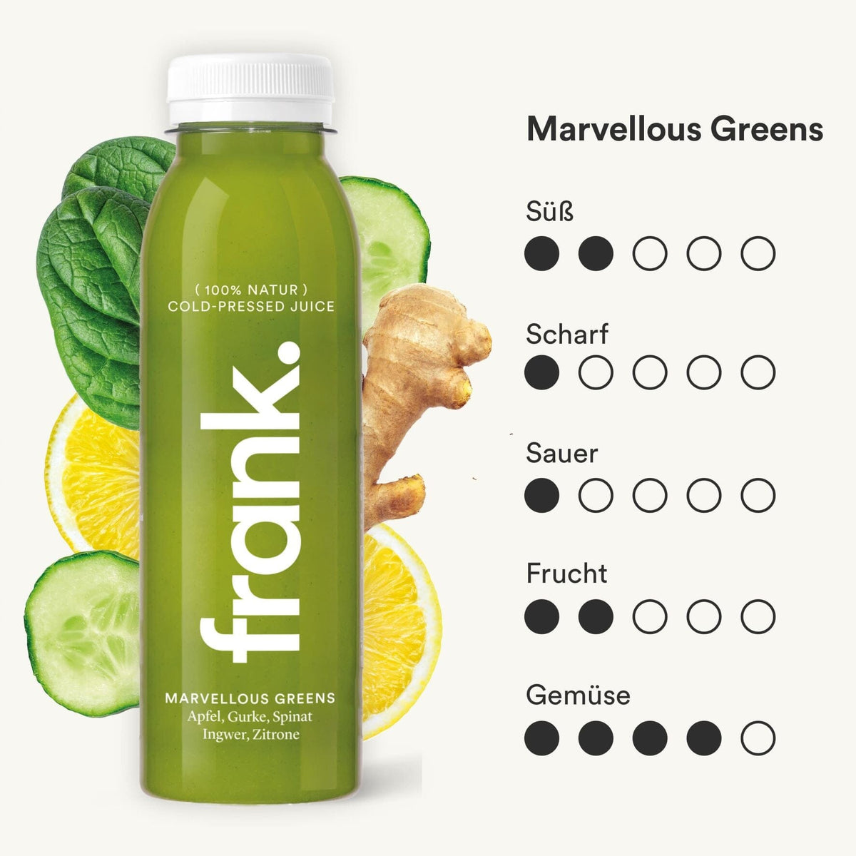 The Marvellous Greens juice from frank. with apple, cucumber, spinach, ginger and lemon