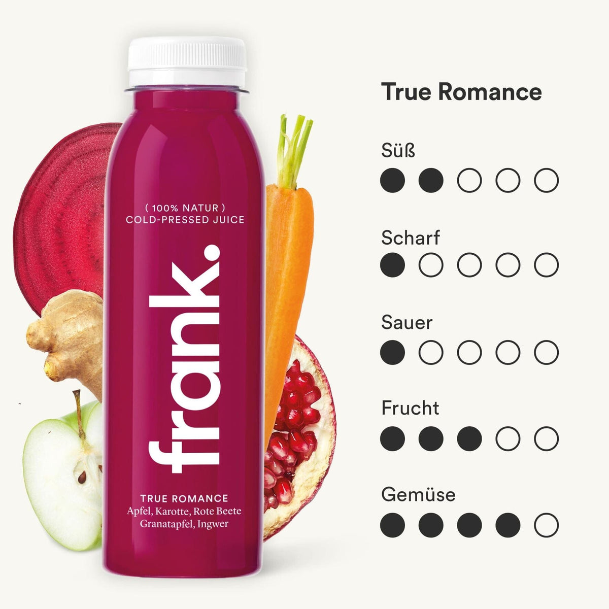 The True Romance juice from frank. with apple, carrot, beetroot, pomegranate and ginger