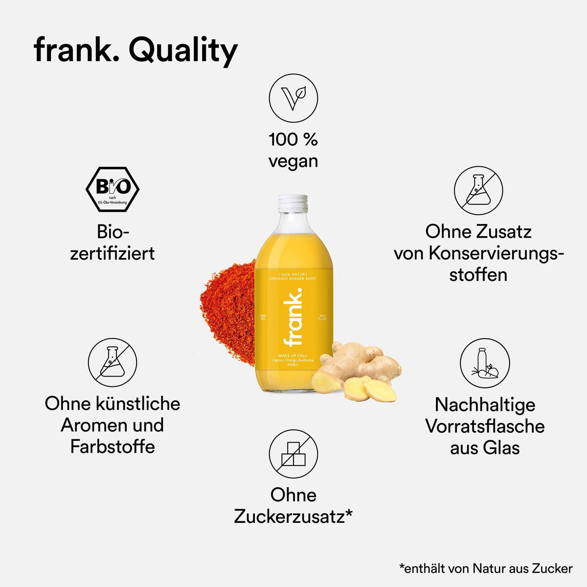 Qualitätsmerkmale des Ingwer Shots Wake Up Call 500 ml wie vegan und bio