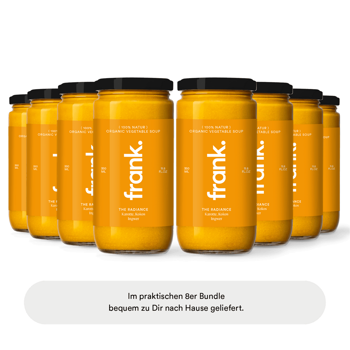 Darstellung der bio Soup-Box The Radiance mit Karotte, Kokos und Ingwer bestehend aus 8 Suppen von frank