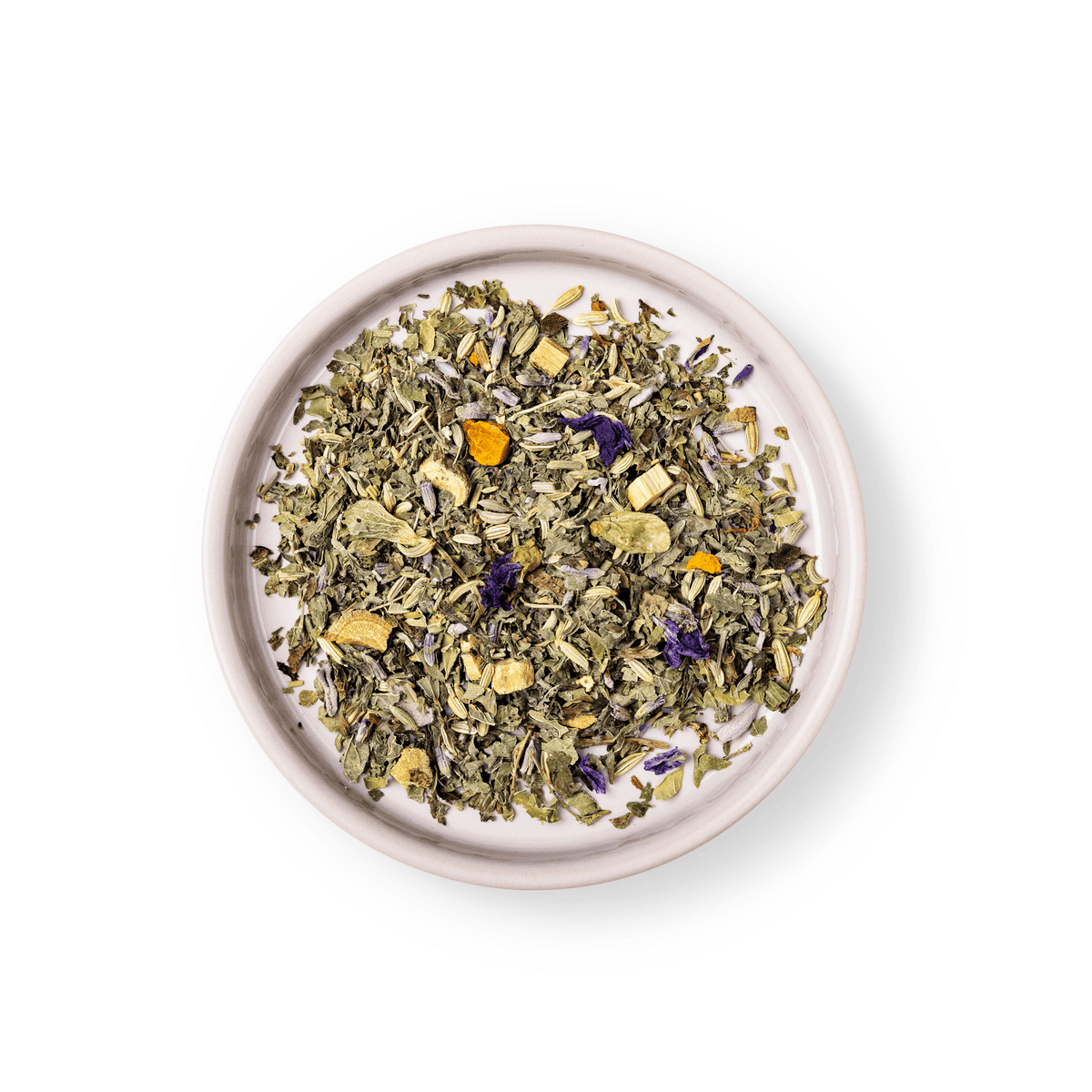 Darstellung der Mischung des bio Tee Calm Down mit Melisse, Baldrian, Lavendel und Hopfen von frank