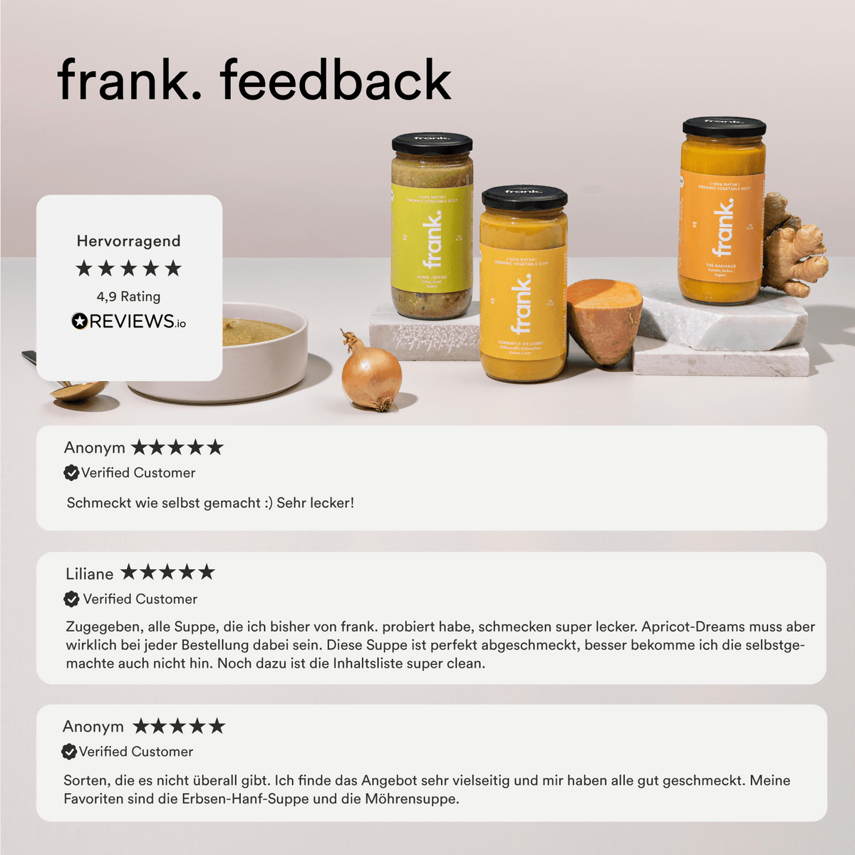 Darstellung des hervorragenden Feedbacks mit 4,9 von 5 Sternen zu den Produkten von frank.