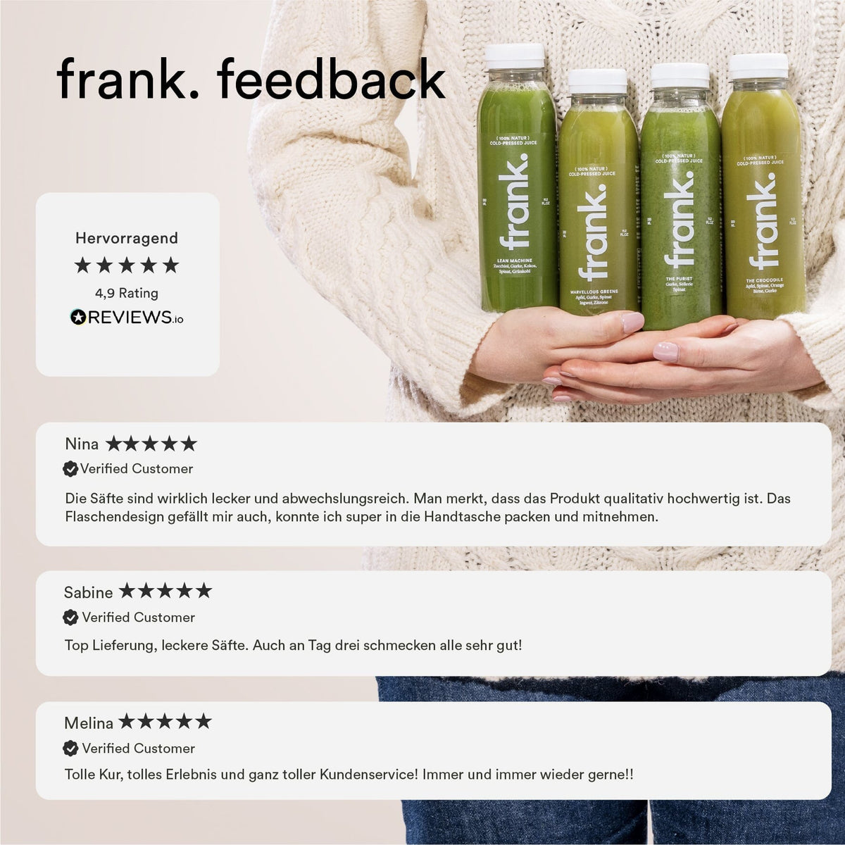 Darstellung des hervorragenden Feedbacks mit 4,9 von 5 Sternen zu den Produkten von frank.