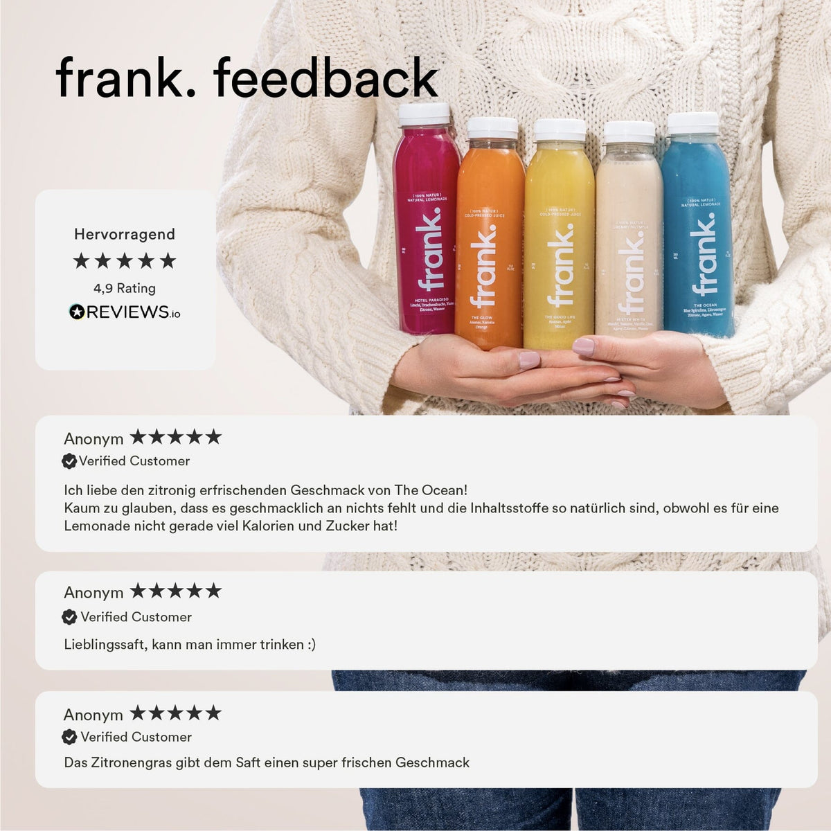 Darstellung des hervorragenden Feedbacks mit 4,9 von 5 Sternen zu den Produkten von frank.