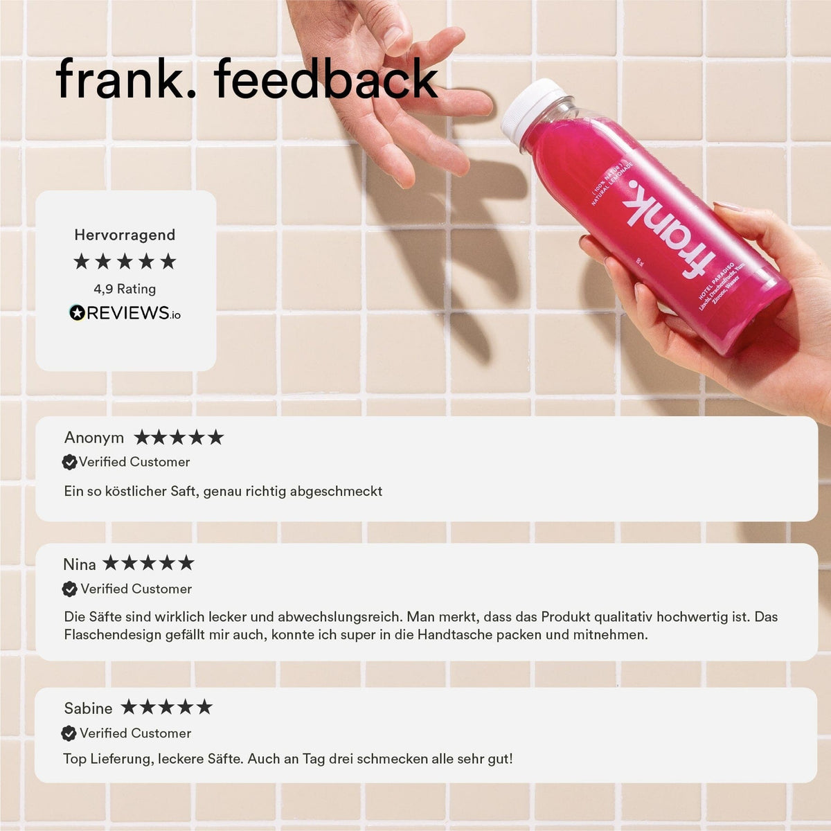Darstellung des hervorragenden Feedbacks mit 4,9 von 5 Sternen zu den Produkten von frank.