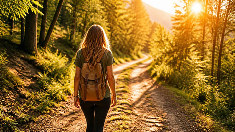 Frau von hinten auf einem sonnigen Waldweg beim Spazierengehen