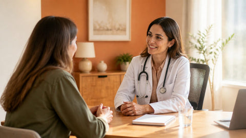 Ärztin und Patientin im freundlichen Gespräch an einem Schreibtisch in einer Praxis