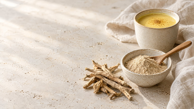 Ashwagandha-Wurzeln und Ashwagandha-Pulver in einer Keramikschale neben einer Tasse warmer Mondmilch