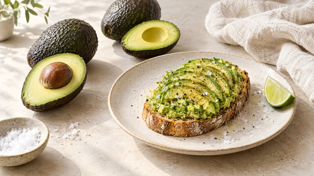 Halved avocado with stone and avocado toast on a ceramic plate