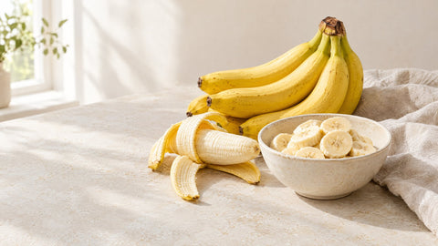 Bund reifer Bananen, geschälte Banane und Bananenscheiben in einer Keramikschale