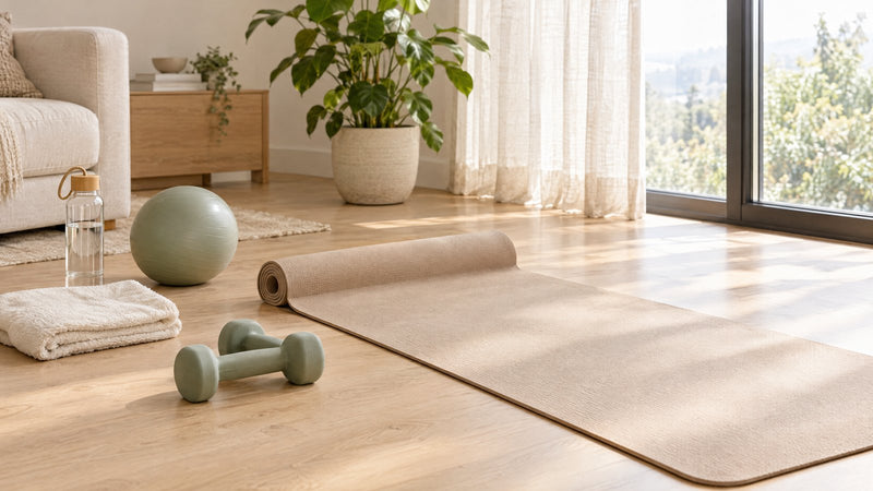 Trainingsmatte, Hanteln, Gymnastikball und Handtuch in einem hellen Wohnzimmer für Bauchübungen zu Hause