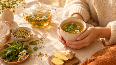 Hände halten eine Tasse Kräutertee mit Pfefferminze und Kamille, daneben Fenchelsamen und frischer Ingwer