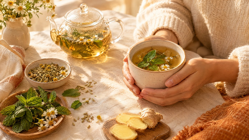 Hände halten eine Tasse Kräutertee mit Pfefferminze und Kamille, daneben Fenchelsamen und frischer Ingwer