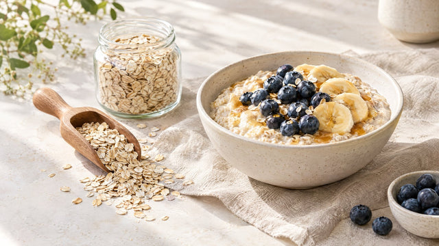 Bowl of porridge with blueberries, banana and honey next to a glass of oats