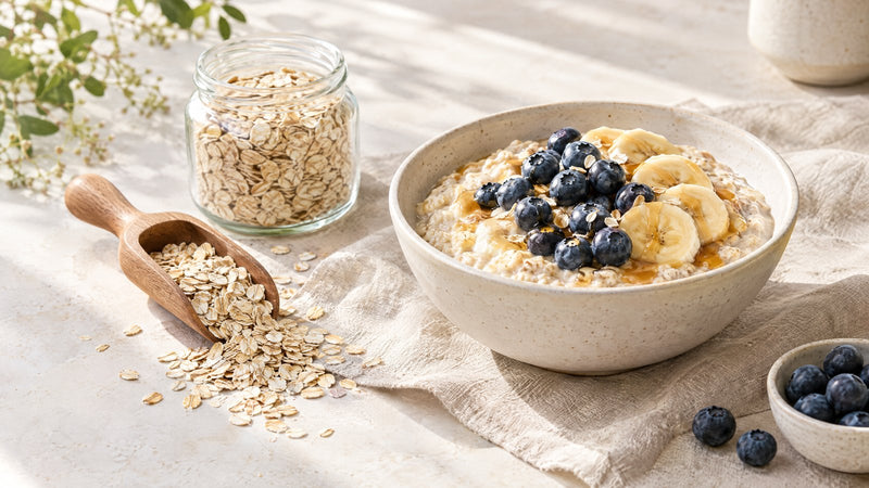 Schale Haferbrei mit Heidelbeeren, Banane und Honig neben einem Glas Haferflocken