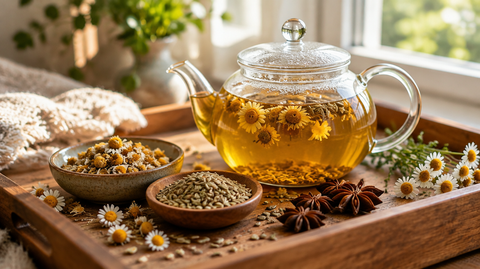 Glaskanne mit Kräutertee, Kamillenblüten, Fenchelsamen und Sternanis auf einem Holztablett