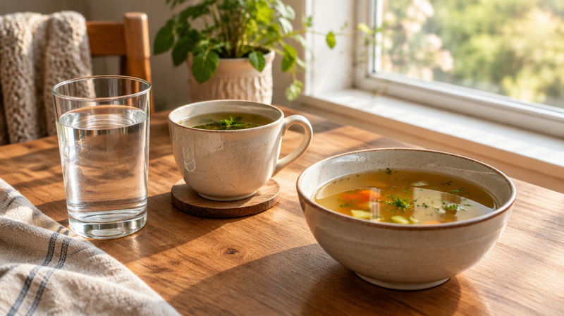 Glas Wasser, Kräutertee und klare Gemüsebrühe auf einem Holztisch am Fenster