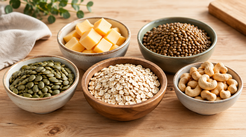 Kürbiskerne, Haferflocken, Käse, Linsen und Cashews in kleinen Schalen
