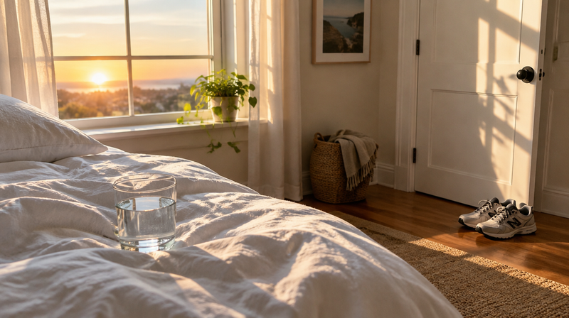 Morgensonne im Schlafzimmer mit Wasserglas und Sneakern an der Tür