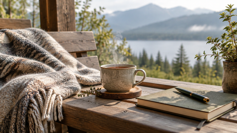 Dampfende Tasse Tee mit Wolldecke und Notizbuch auf einer Holzbank