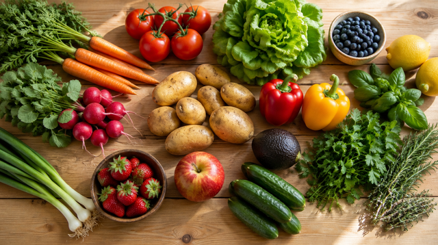 Frisches Gemüse, Obst, Kartoffeln und Kräuter auf einem hellen Holztisch