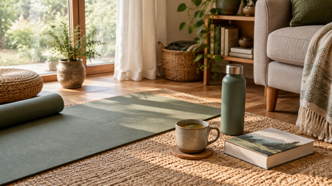 Ruhige Wohnzimmerecke mit Yogamatte, Tee, Thermoskanne und Buch