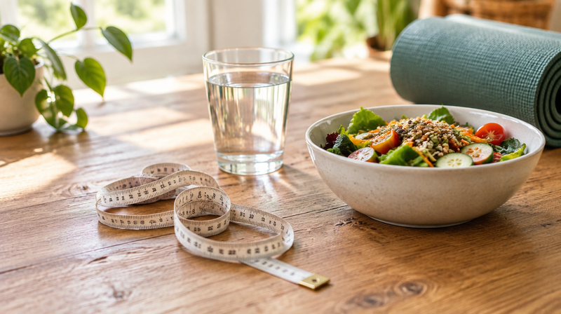 Maßband, Wasserglas, Salatschüssel und Yogamatte auf einem Holztisch