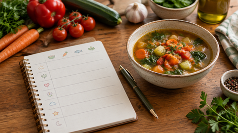 Wochenplan im Notizbuch neben einer Schüssel Gemüsesuppe und frischem Gemüse