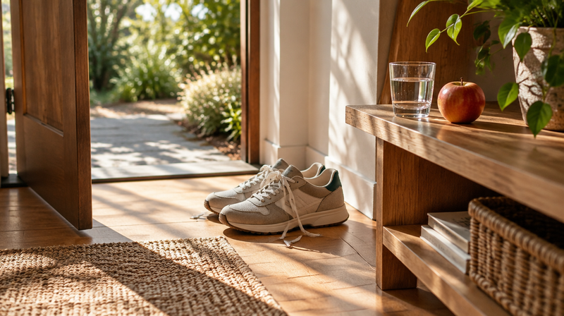Sneaker an einer sonnigen Tür, daneben ein Glas Wasser und ein Apfel