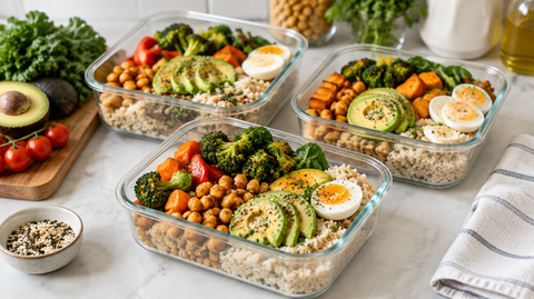 Bunte Meal-Prep-Boxen mit Gemüse, Kichererbsen, Reis und Eiern auf einer Küchentheke