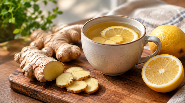 Fresh ginger, ginger slices, a cup of ginger tea and lemon on a wooden board