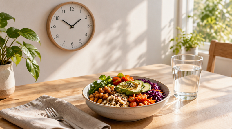 Wanduhr und ein Teller mit gesunder Gemüse-Bowl und Wasserglas