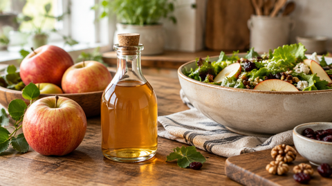 Flasche Apfelessig mit Äpfeln und einer Salatschüssel auf einem rustikalen Küchentisch