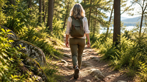 Frau von hinten auf einem sonnigen Waldweg beim Spazierengehen
