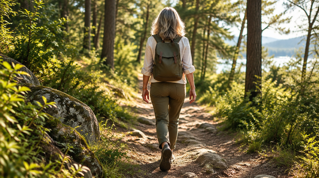 Woman from behind walking on a sunny forest path