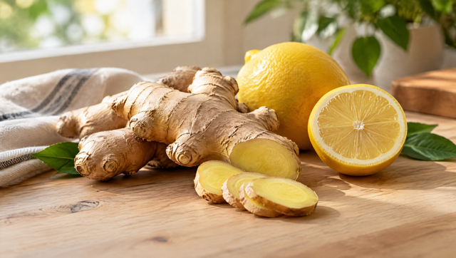 Fresh ginger, ginger slices and a lemon on a bright wooden table