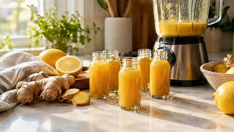 Kleine Glasflaschen mit goldenem Ingwer Shot neben einem Mixer, Ingwer und Zitrone