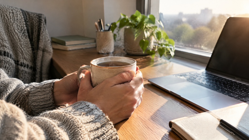Hände halten eine Tasse Tee am Schreibtisch am Fenster am Morgen