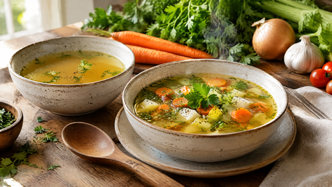 Schalen mit klarer Gemüsebrühe und Suppe mit Kräutern, Holzlöffel und frisches Gemüse