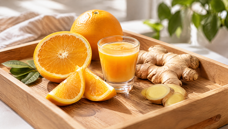 Frische Orangenscheiben, Ingwer und ein kleines Glas Orangen-Ingwer-Shot auf einem Holztablett