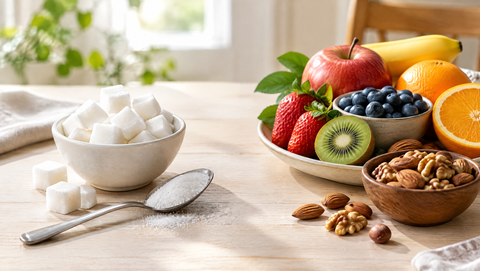 Zuckerwürfel und Zucker auf einer Seite, frisches Obst und Nüsse auf der anderen Seite eines hellen Tischs