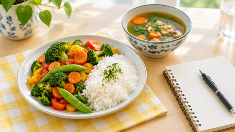 Gemüse, Reis und Suppe auf einem Tisch mit Notizbuch für ein Ernährungstagebuch