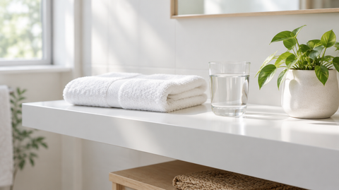 Helles Badezimmerregal mit Handtuch, Wasserglas und kleiner Pflanze