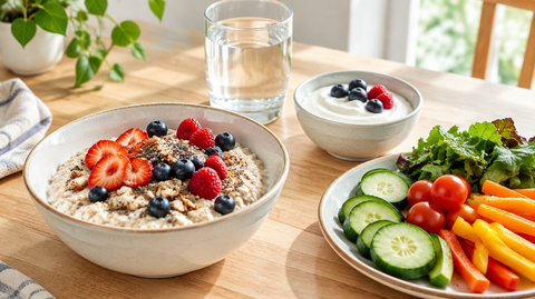 Haferflocken mit Beeren, Joghurt, Gemüse und ein Glas Wasser auf einem hellen Holztisch