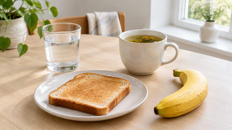 Glas Wasser, Kräutertee, Toast und Banane auf einem hellen Küchentisch