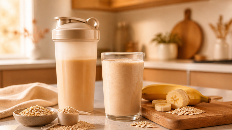 Shaker and glass of protein smoothie with banana and oats on the kitchen counter