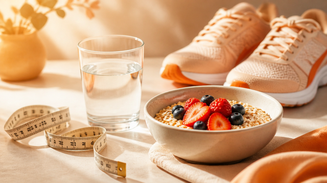 Measuring tape, glass of water, sneakers and oats with berries on a bright table