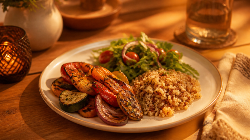 Leichtes Abendessen mit gegrilltem Gemüse, Quinoa und Salat auf einem Holztisch