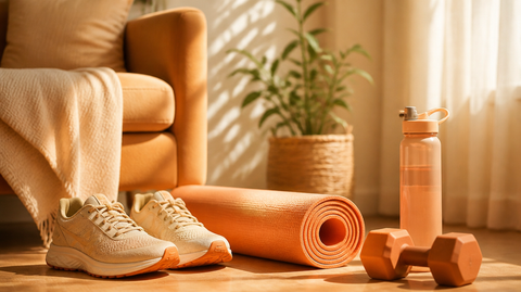 Laufschuhe, Yogamatte, Hanteln und Wasserflasche in einer hellen Wohnzimmerecke
