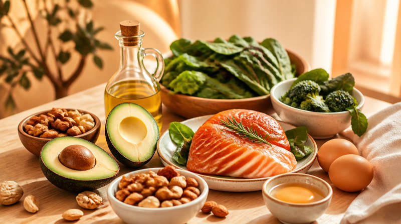 Avocado, Eier, Lachs, Nüsse und Blattgrün auf einem hellen Holztisch